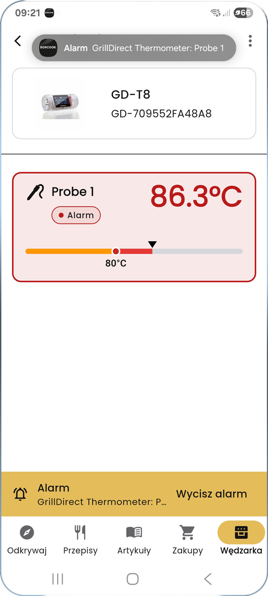 Alarm temperatury w aplikacji Borcook